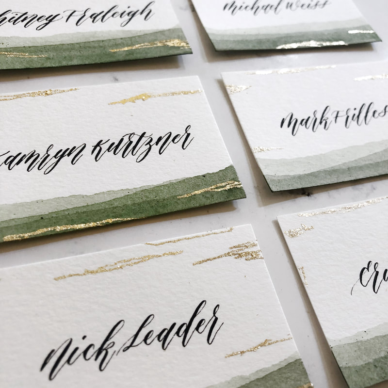 wedding place card calligraphy, watercolor place card with gold gilding